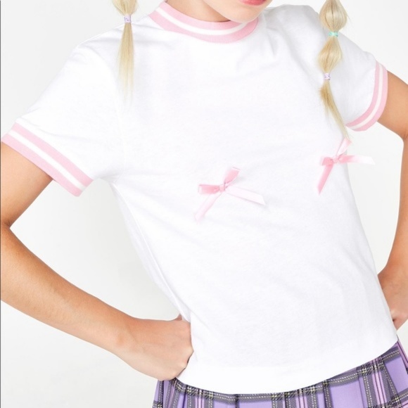 🌸Two for $55💲LAZY OAF Boob BOW Ringer Tee T-Shirt TOP BNWT - Picture 2 of 4